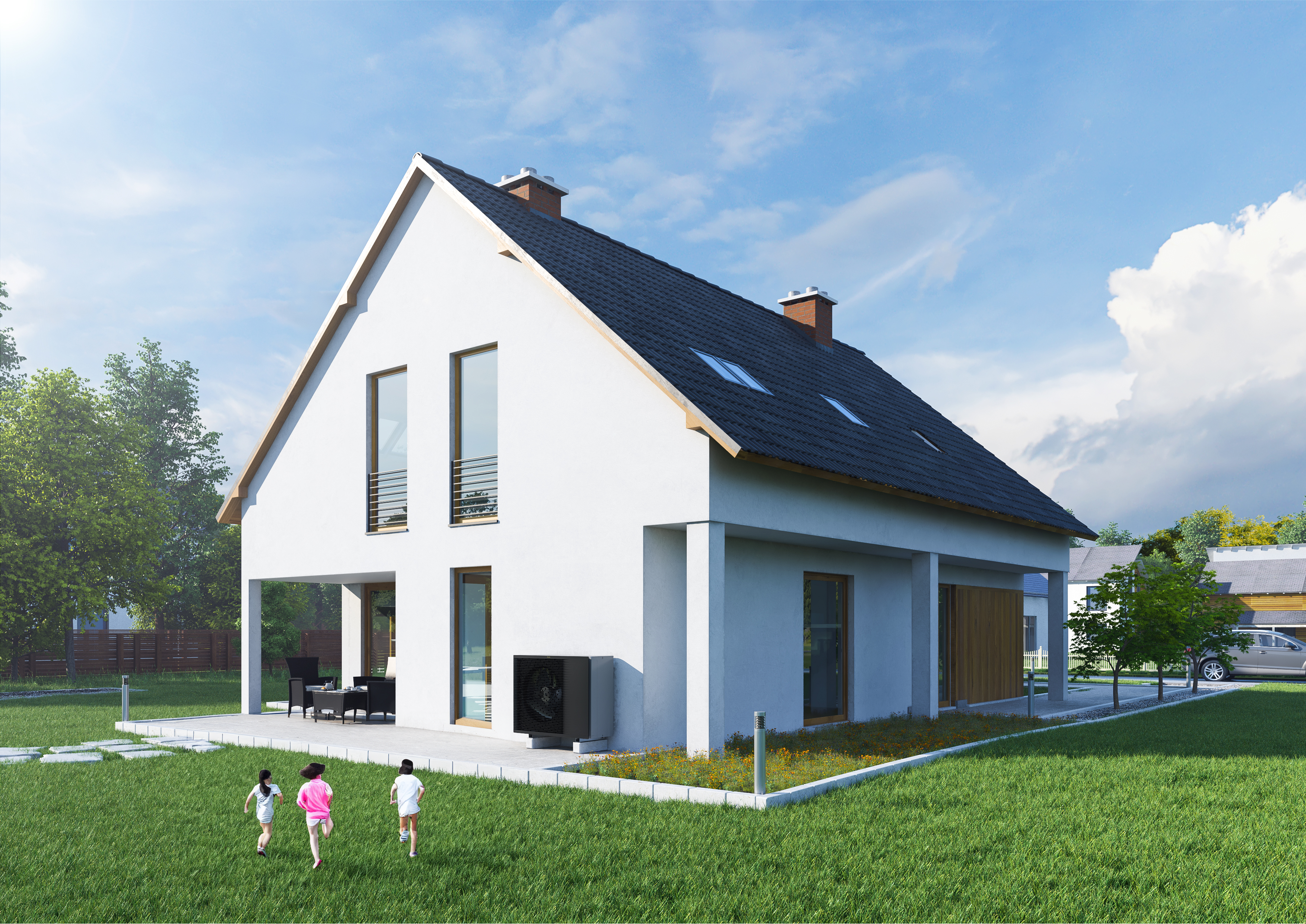 Maquette d'une maison mettant en valeur une unité extérieure d'une pompe à chaleur